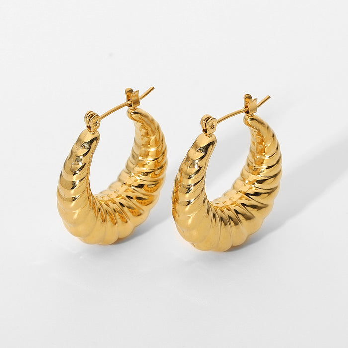 Trending European 18K Gold Plated Stainless Steel Shrimp Textured Hoop Earrings - Stylish Jewelry for Women