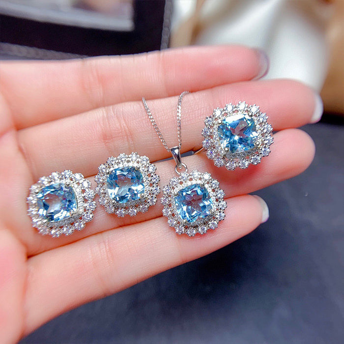 Colored zircon necklace, sea blue earrings and ring set