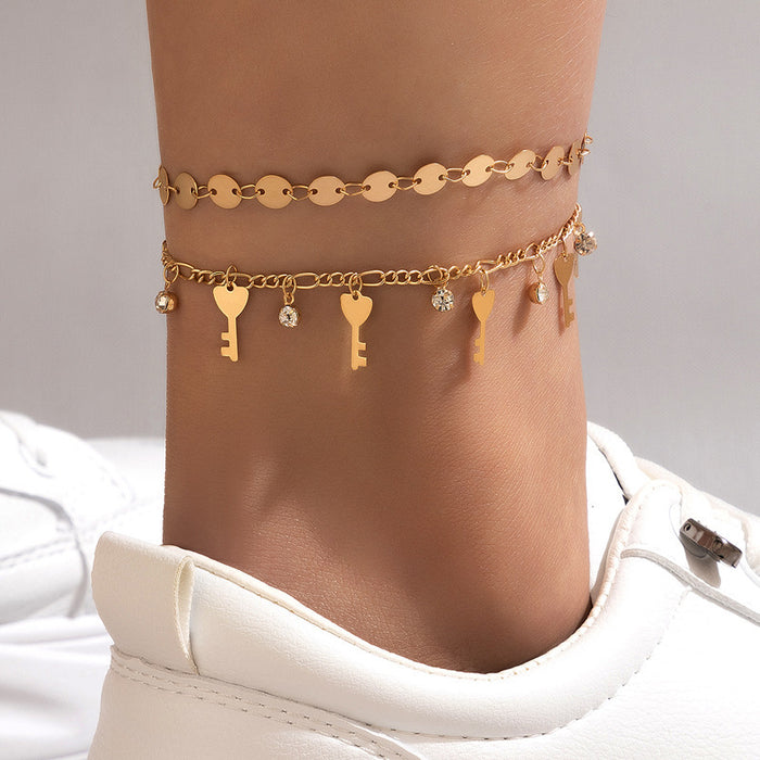 Key Crystal Double-Layer Anklet with Geometric Disc Chain Design