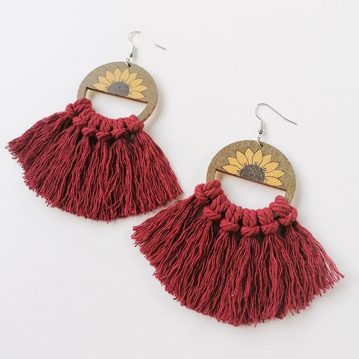 Bohemian Handwoven Cotton Tassel Earrings with Wooden Sunflower Fan Design