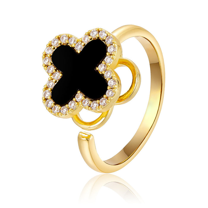 Wholesale black four-leaf clover micro-pave rotating open ring