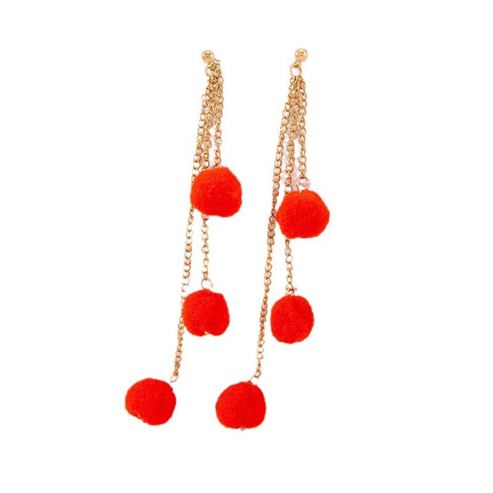 Retro red tassel wool ball earrings autumn and winter velvet ball earrings