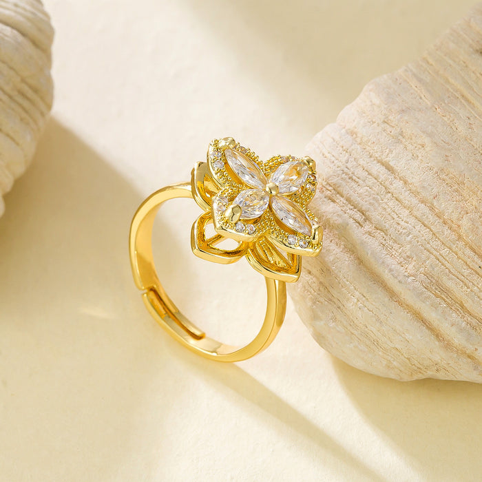 Wholesale micro-pave zircon and diamond-encrusted four-leaf clover flower rotating ring