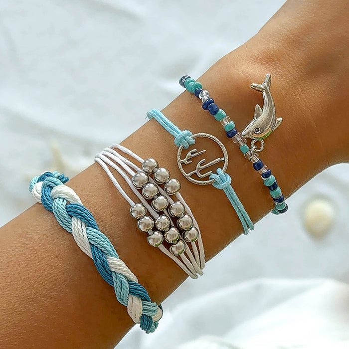 Bohemian Blue Beaded Multi-Layer Bracelet Set with Geometric Beads - Four-Piece Ethnic Style