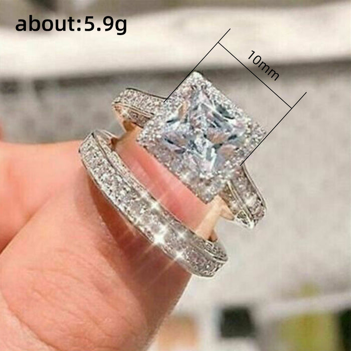 Anillo de compromiso con diamantes y circonitas cuadradas de estilo europeo y americano