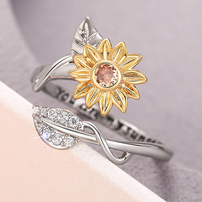 Sunflower flower adjustable ring realistic lettering fashion ring