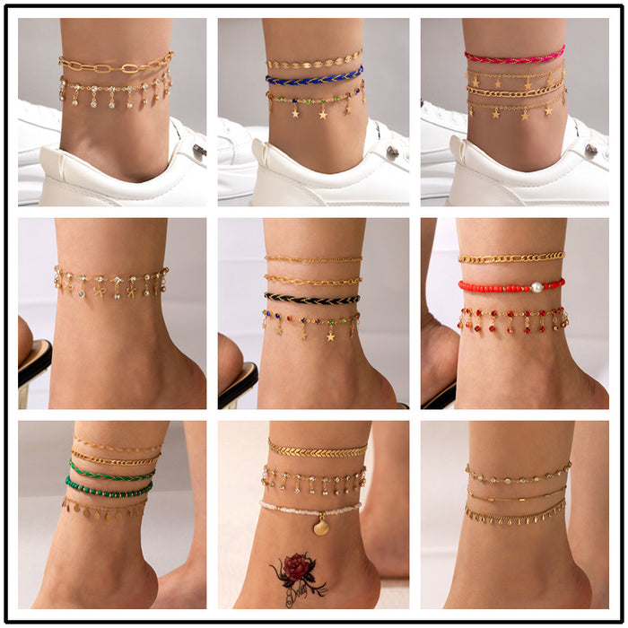 Woven Rope Heart Anklet Set - Multilayer Geometric Jewelry