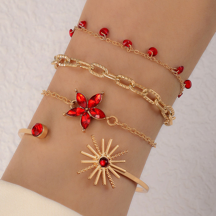 Crystal Flower and Leaf Bracelet Set - Multi-Layer Luxury Jewelry