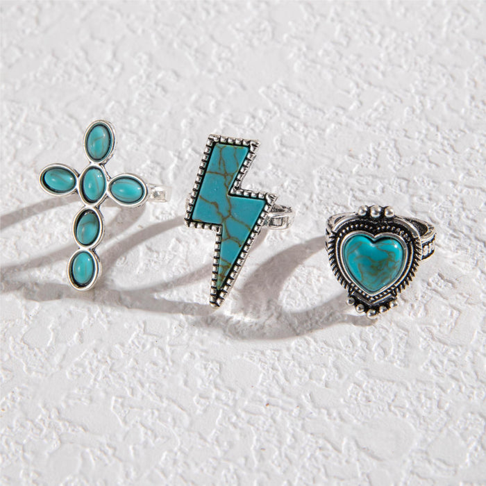 Retro Turquoise Cross Ring Set - Creative Lightning and Heart Three-Piece Set