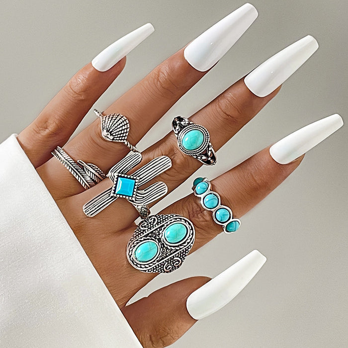 Bohemian Ring Set - 6pcs Vintage Flower Turquoise Rings