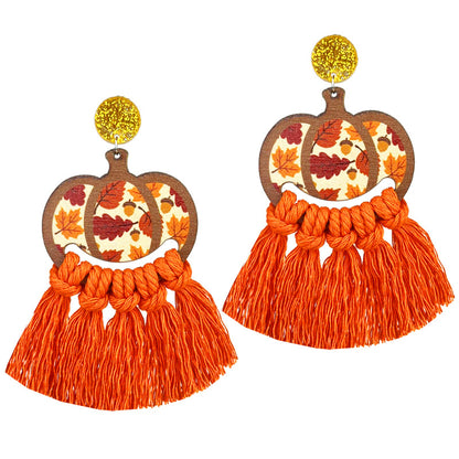 Thanksgiving Themed Woven Tassel Earrings with Turkey and Pumpkin Designs for Holiday Gatherings