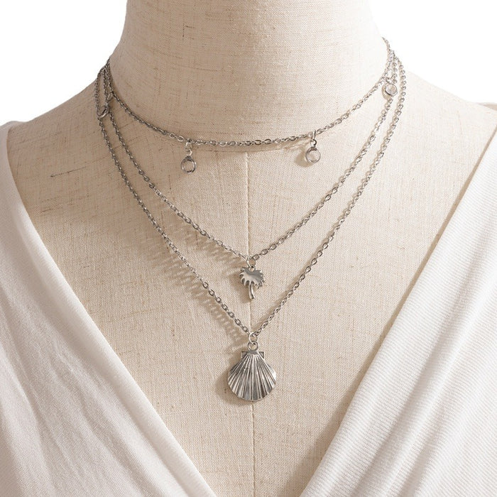 Metal Shell Triple Layer Necklace with Geometric Diamond Palm Tree Pendant