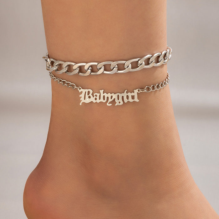 Double-Layer Letter Chain Anklet with Geometric Heavy Metal Design