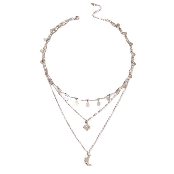 Metal Water Drop Star Moon Three-Layer Necklace with Exaggerated Multi-Layer Clavicle Chain