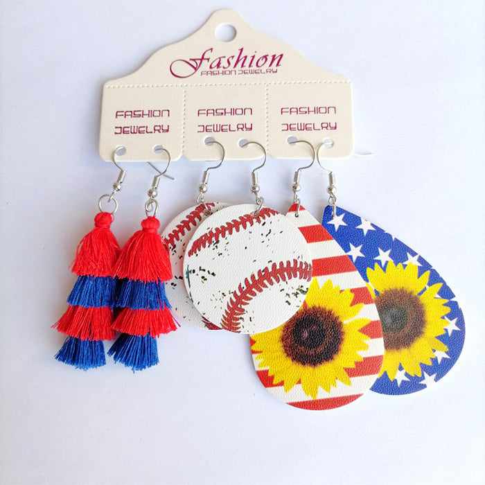 Independence Day PU Leather Earrings with Sports and Sunflower Teardrop Design