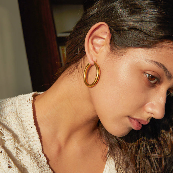 18K Gold Plated Stainless Steel Plain Hoop Earrings - 40mm Diameter Cross-Border Jewelry