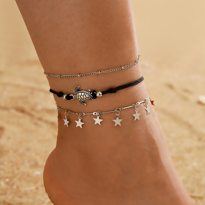 Creative Ethnic Star Turtle Anklet Three-Piece Set with Unique Design