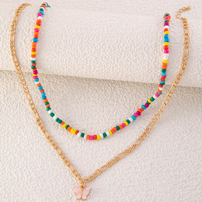 Double Layered Bohemian Necklace with Butterfly Pendant - Colorful Beaded Chain for Women