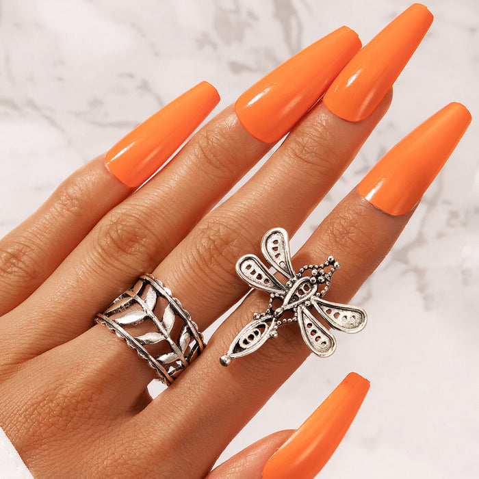 Simple geometric hollow antique silver leaf dragonfly ring 2-piece set