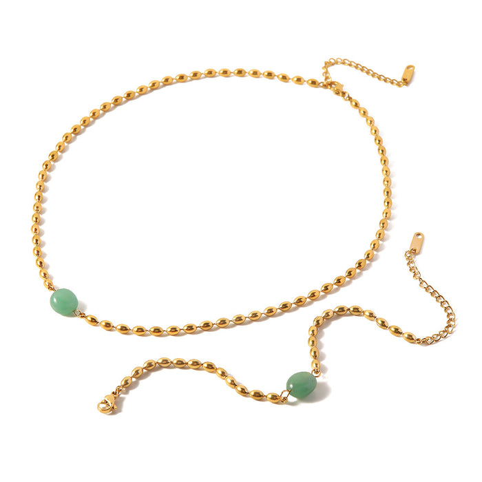 18K Gold-Plated Stainless Steel Bracelet with Green Stone Inlay - Women's Fashion Jewelry