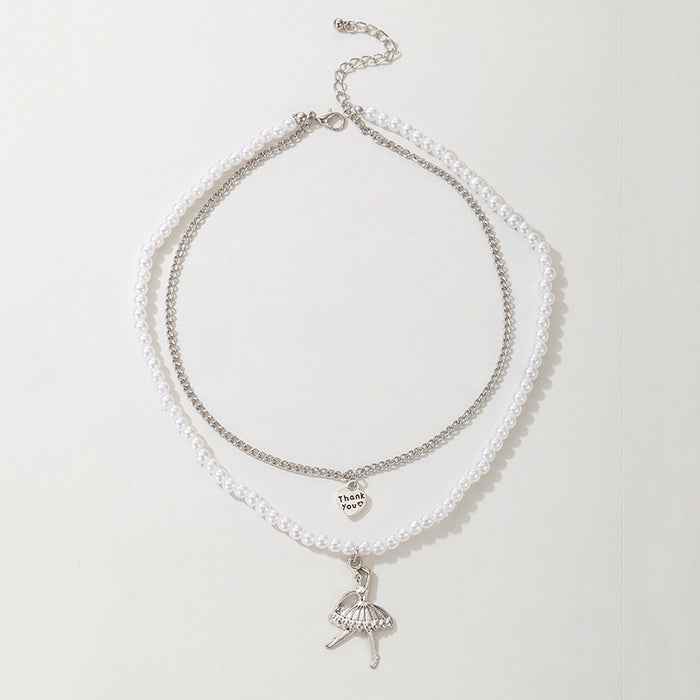 Ballet Dancer Pendant Necklace – Multi-Layer Pearl Chain