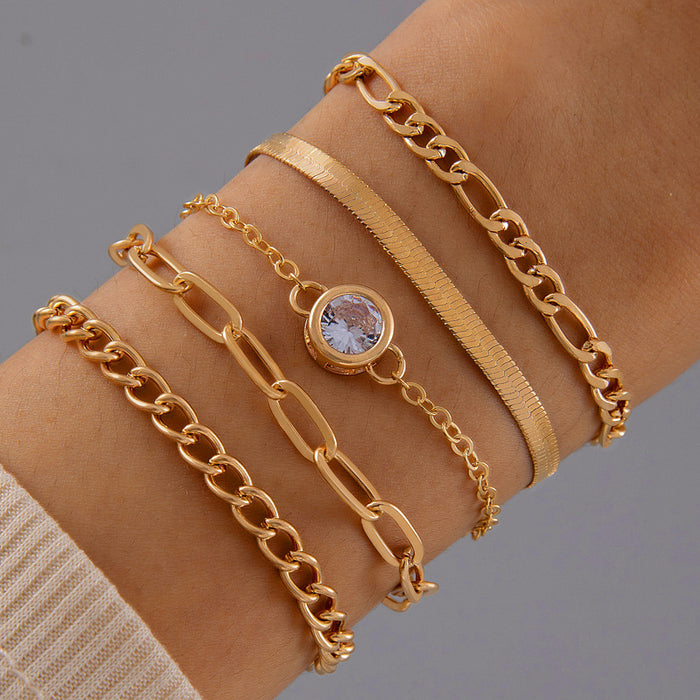 Snake Chain Five-Piece Bracelet Set - Simple Geometric Diamond-Studded Design