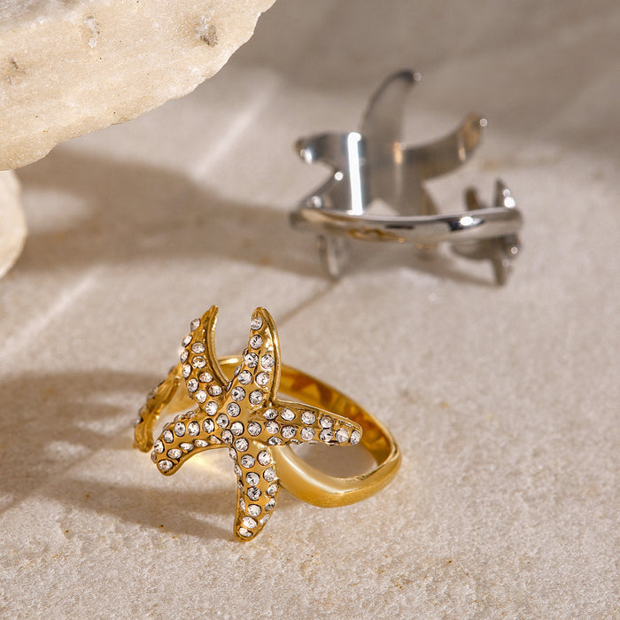 Stainless steel starfish open ring with full diamonds