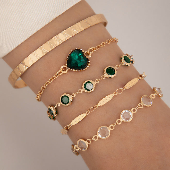 Conjunto de pulseras con corazón de diamantes de imitación verdes: cinco piezas de joyería retro para mujer