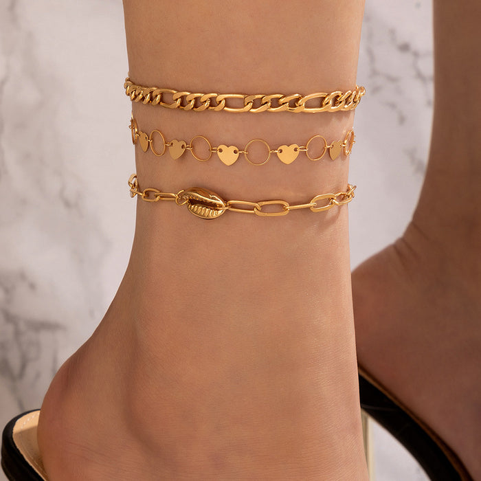 Alloy Shell Triple-Layer Anklet with Heart and Disc Chain Design