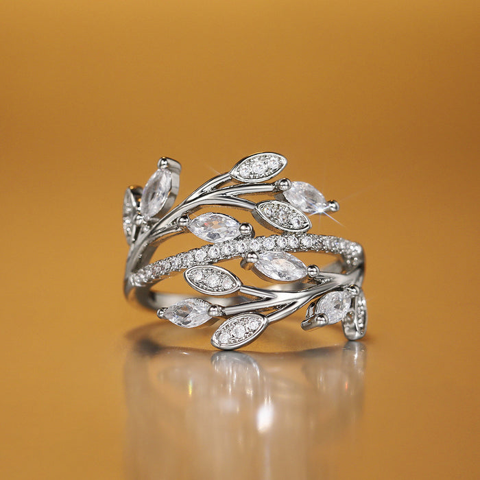 Intertwined leaf ring creatively inlaid zircon ring