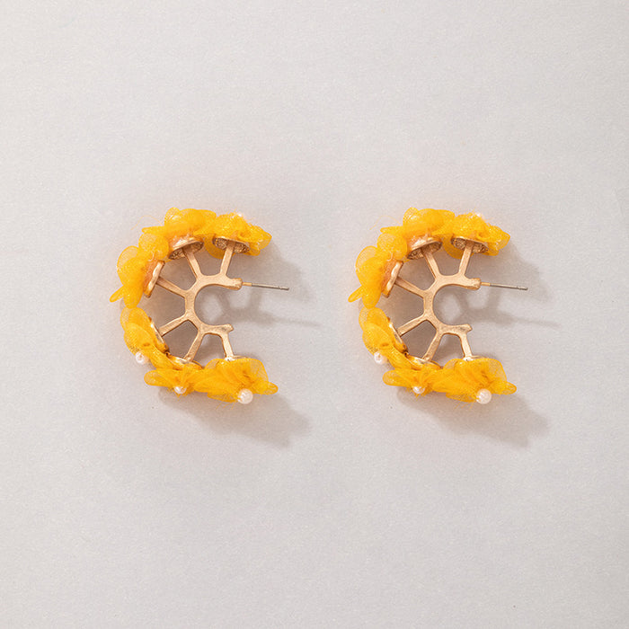 Yellow silk screen flower earrings, pearl hollow earrings