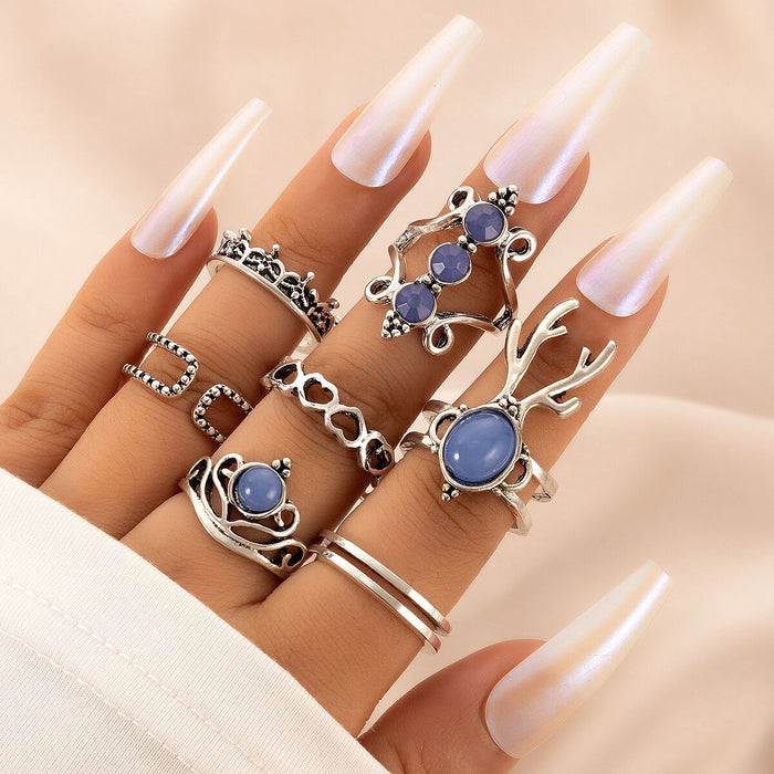 Geometric love crown ring set, alloy imitation gem inlaid seven-piece set