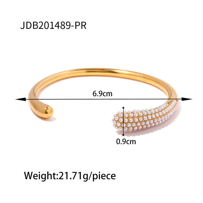 18K Gold Plated Stainless Steel Multi-Layer Pearl and Zircon Cuff Bracelet - Trendy Jewelry for Women