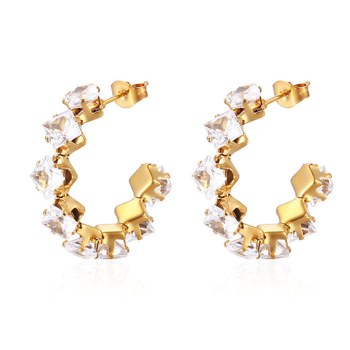 Zircon earrings simple square claw titanium steel stainless steel earrings