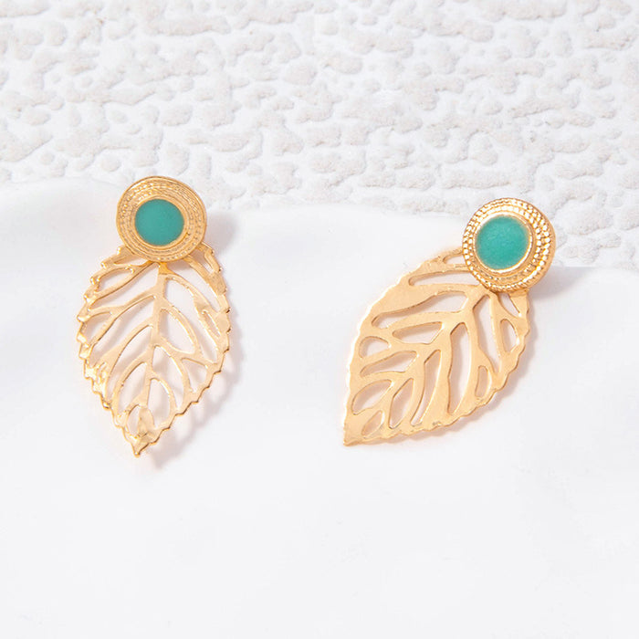 Retro leaf earrings imitation turquoise light luxury temperament earrings