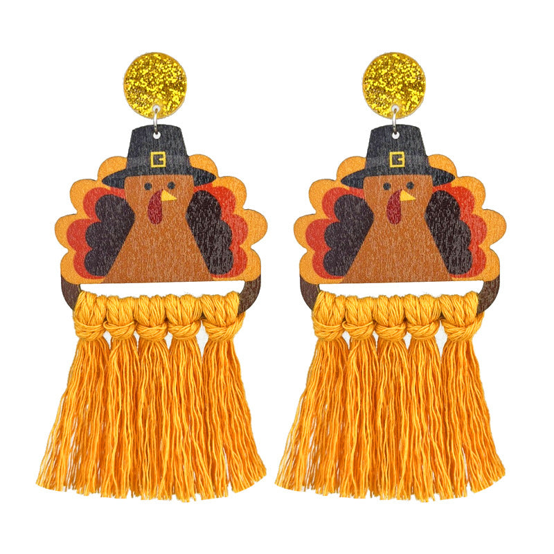 Thanksgiving Themed Woven Tassel Earrings with Turkey and Pumpkin Designs for Holiday Gatherings