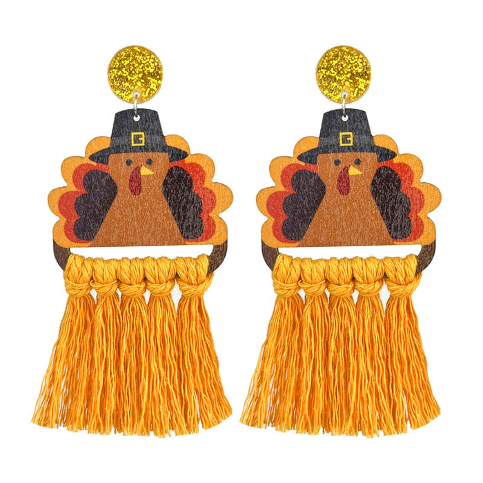 Thanksgiving Themed Woven Tassel Earrings with Turkey and Pumpkin Designs for Holiday Gatherings