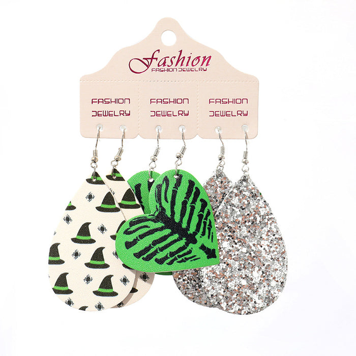 Halloween PU Leather Earring Set with Exaggerated Pumpkin and Alien Design