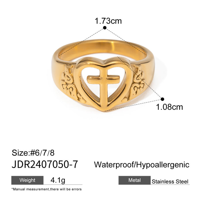 Stainless steel cross heart ring