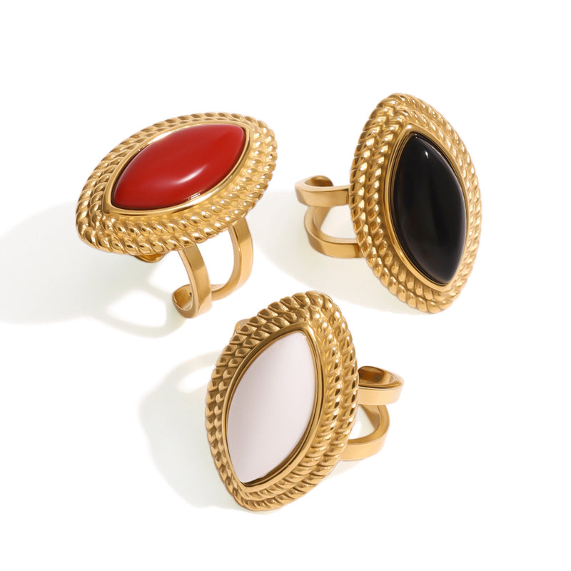 Anillo abierto de ónix negro de acero inoxidable chapado en oro de 18k