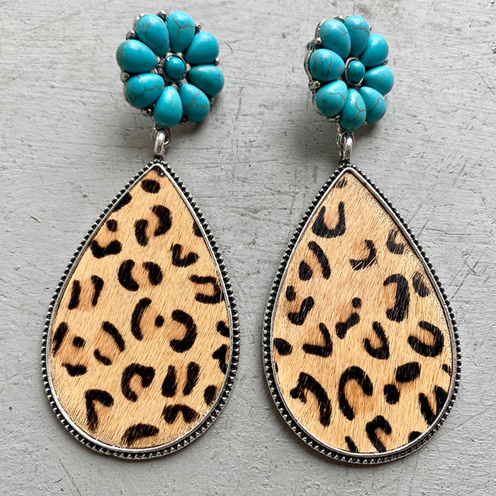 Western Animal Print Leather Earrings with Bohemian Style and Turquoise Pumpkin Flower Design