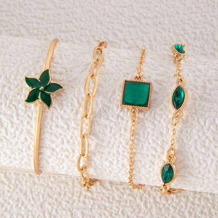 Emerald Gemstone Bracelet Set - Geometric Flower Water Drop Jewelry for Women