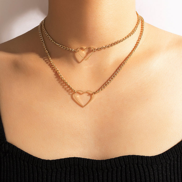 Gold Heart Double Layer Necklace with Geometric Alloy Hollow Multi-Layer Clavicle Chain