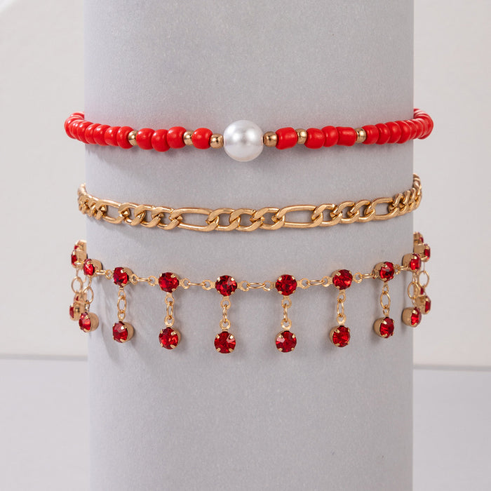 Red Tassel and Pearl Anklet with Alloy Beads and Multilayer Design