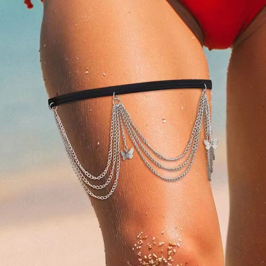 Cadena para pierna con borlas de mariposa de estilo playero, cadena para muslo de múltiples capas, joyería