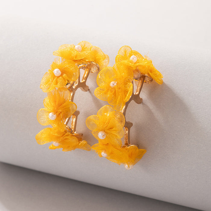 Yellow silk screen flower earrings, pearl hollow earrings