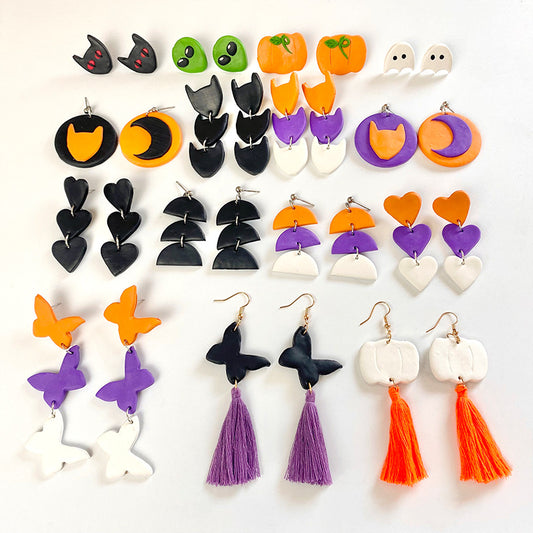 Colección de aretes de arcilla para Halloween: extraterrestre, mariposa, borla, corazón, calabaza y luna