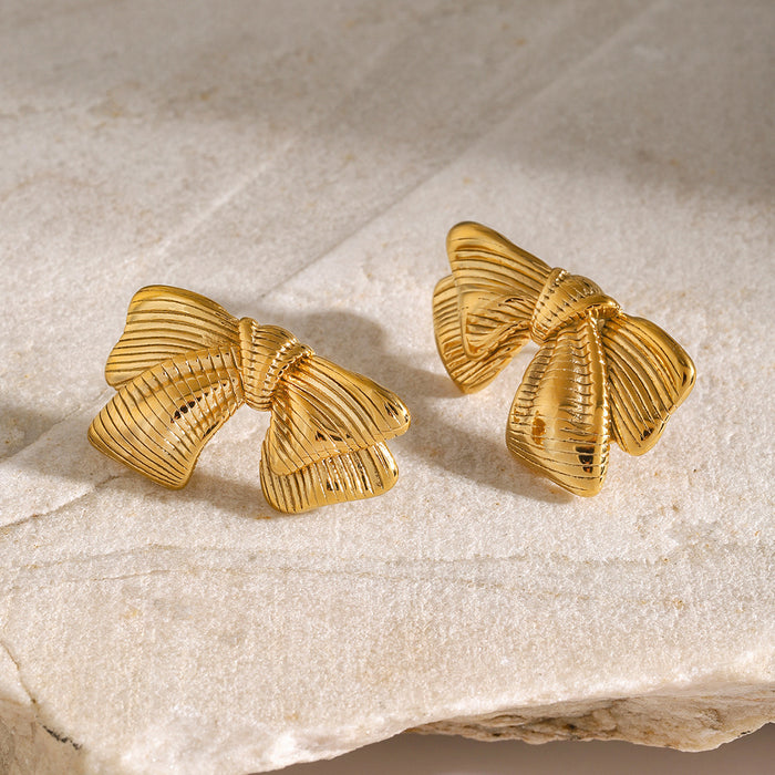 18K Gold Stainless Steel Brushed Stripe Earrings - Bowknot Titanium Steel Studs