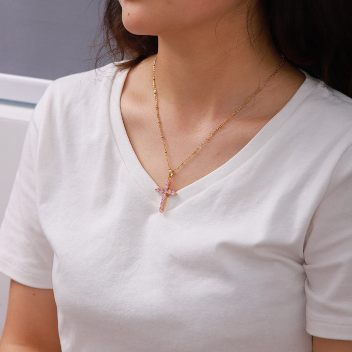 Trendy 18K Gold-Plated Stainless Steel Necklace - Pink Zircon Cross Pendant, Popular Women's Jewelry