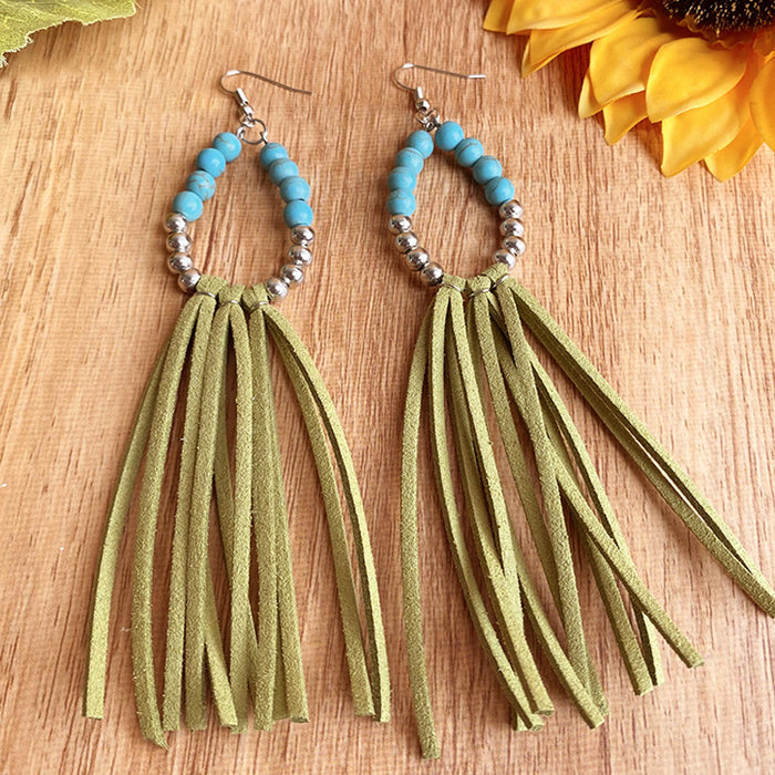 Western Style Turquoise Bead Earrings with Leather Design